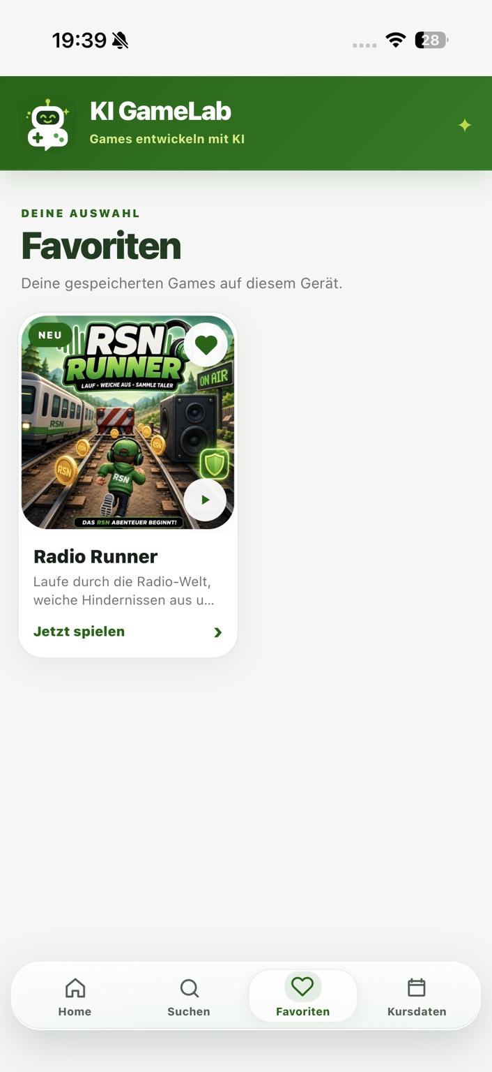 Favoritenansicht der KI GameLab App