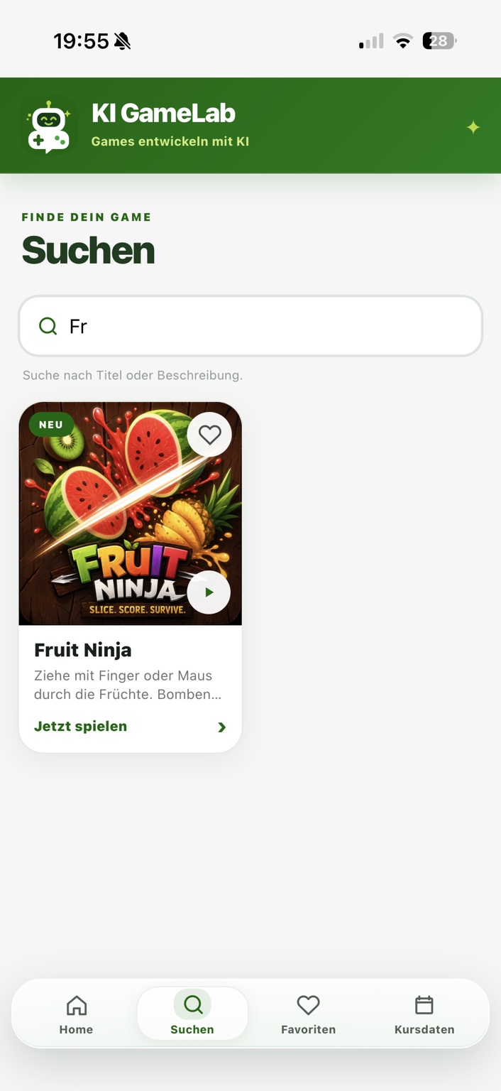 Suchansicht der KI GameLab App
