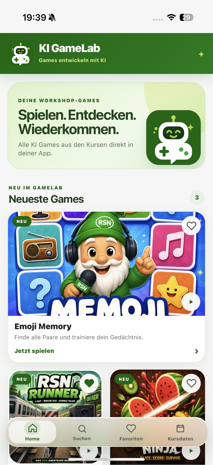 Startansicht der KI GameLab App mit Workshop-Games